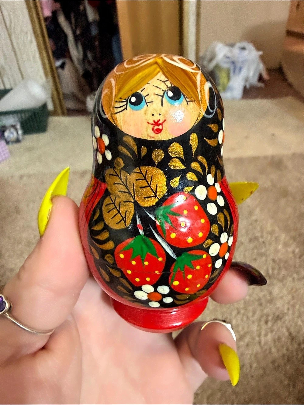 Painted Nesting Dolls Red & Black missing one piece 4 piece set